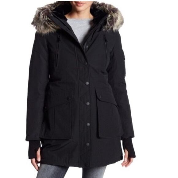 BCBGeneration Black parker hooded coat with removeable fur size Large - Picture 1 of 11